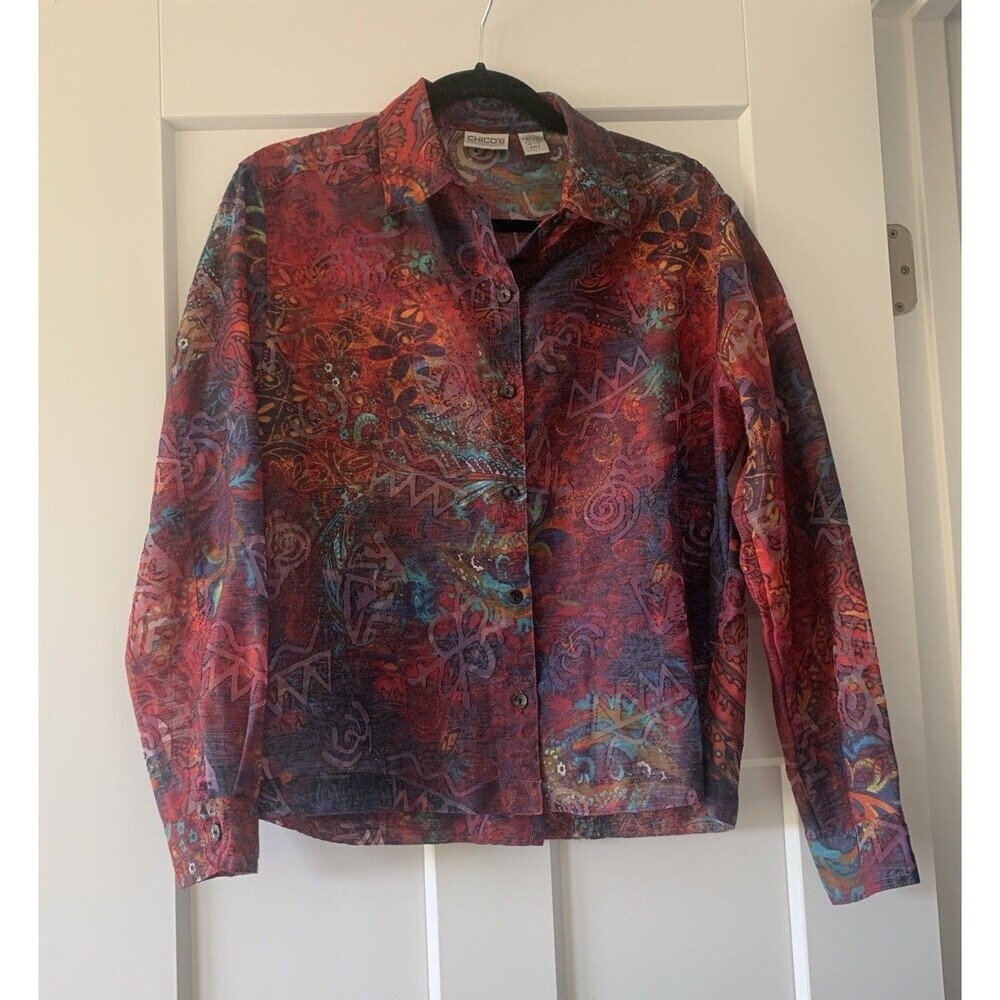 Chicos Women’s Size 0 Linen Blend Burnout Top  Colorful Artsy Sheer Maximal Boho